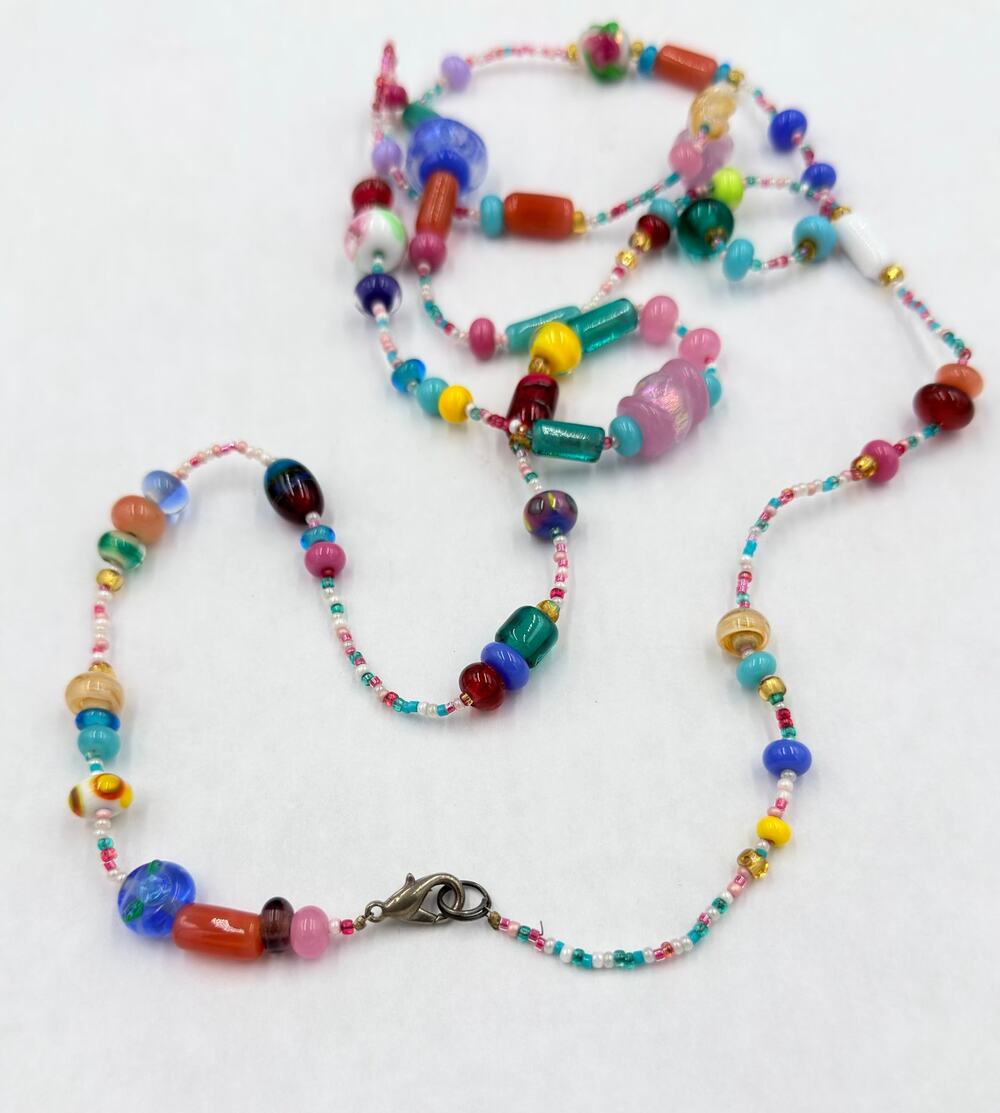 Vintage Art Glass Colorful Fruit Salad Long Strand Beaded Artisan Necklace